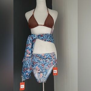 Brown Bikini Top with Floral Sarong Set
